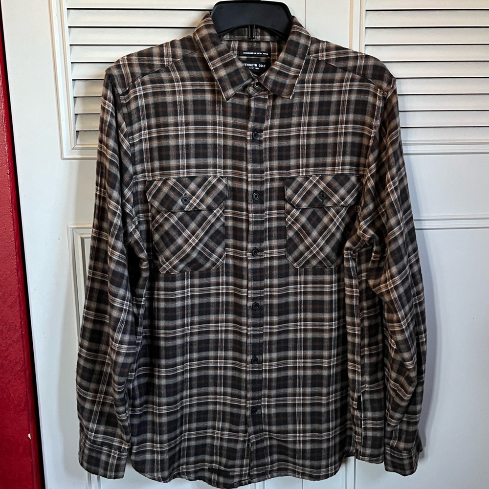 Kenneth Cole Soft Button Down Slim Fit Plaid Flannel Sz M